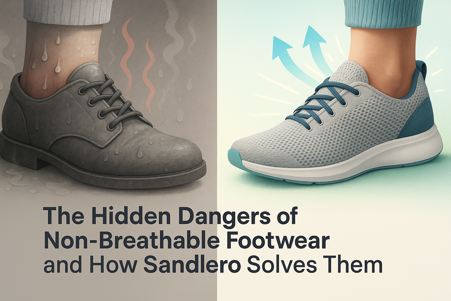generate me a professional image banner for our blog, base on this title - The Hidden Dangers of Non-Breathable Footwear and How Sandlero Solves Them